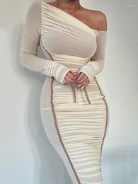 Casual Dresses Mozision Diagonal Collar Long Sleeve Midi Dress For Women Two Layer Mesh Backless Ruched Bodycon Club Party Sexy