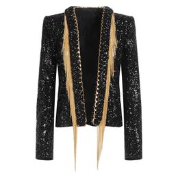 316 XXL 2024 Runway Coat Spring Brand SAme Style Coat V Neck Black Sequins Beads Long Sleeve Womens clothes Fashion oulaidi