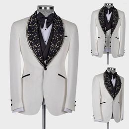 Men's Suits Luxury Tailored 3 Pieces Blazer Vest Pants One Button Wedding Sheer Lapel Beaded Diamonds Custom Made Plus Size