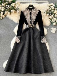 Basic Casual Dresses SINGREINY French Retro Dress Fashion High Quality Embroidery Velvet Long Sleeves Women Elegant Belt Design A Line Court yq240402