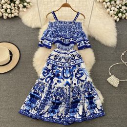 Sets Summer Fashion Runway Midi Dress Women's Cool Shoulder Flare Sleeve Blue and White Porcelain Printing Holiday Beach Vestidos