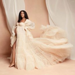 Party Dresses Champagne Flowy Maternity Poshoot Dress Long Sleeves Empire Prom Gown Women Pleat Tulle Baby Shower Formal Wear