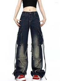 Women's Jeans Multi Pocket Star Patch Design Vintage Style Casual Street Wide Leg Pant Female High Waist Straight Denim Trousers