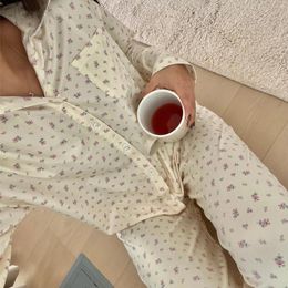 Home Clothing Gaono Women Pyjamas Cute 2 Piece Set Y2K Vintage Print Button Up Long Sleeve Blouse T-shirt Tops Pants Loungewear Sleepwear