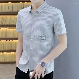 Men's Dress Shirts Shirt And Blouse For Office Male Top Short Sleeve Clothes Striped With Pocket Black Summer Regular Button In Slim Fit