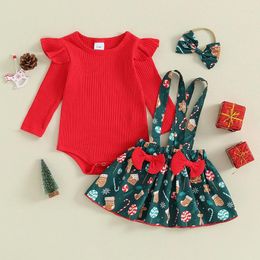 Clothing Sets Toddler Girls Outfit Clothes Christmas Long Sleeves Romper And Print Suspender Skirt Headband Baby Cute