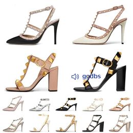Designer High Heel VT Sandal Dress Shoes Ankle Strap Roman Studs Black Nude Strip Rivets Womens Stiletto Block Heel Size 35-42