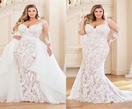 Modest Plus Size Mermaid Wedding Dresses With Detachable Train Long Sleeve Full Lace Appliqued Bridal Dress V Neck Wedding Gowns6574184