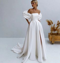 Simple Wedding Dress A-Line Puff Sleeves Beach Satin Sweep Train Women Bridal Gowns Vestido De Novias