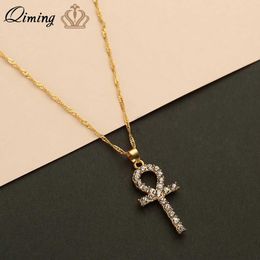 Pendant Necklaces QIMING Amulet Ankh Cross Pendant Necklace Women Men CZ Crystal Egyptian Key Of Life Pendant Necklace Religious Jewelry 240330