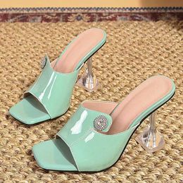 Dress Shoes Fashion Crystal Buckle Green Womens Shoes Slippers Cozy Patent Leather Wide Band Strange Transparent Heels Slides Sandals H240401