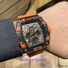 Richar Miller Wrist Mechanical New Watches Chronograph Rm1103 Leisure Luxury Mens Mechanics Business Automatic Orange Carbon Fibre Tape Designer Highq Pyj