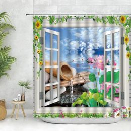 Shower Curtains Garden Scenery Outside The Window Bathroom Curtain SPA Japanese Themed Bamboo Accessories Set