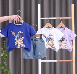 kids designer clothes baby boy girl Clothing Sets summer short sleeve A rabbit wearing glasses t shirt jean shorts set