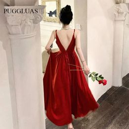 Casual Dresses 2024 Sexy Backless Red Wedding Party Long Dress Vintage V Neck A Line Maxi Robe Female Sundress Retro Evening Vestido