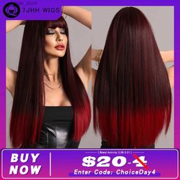 Synthetic Wigs 7JHH WIGS Long Burgundy Red Wigs Straight Wigs with Bang Ombre Dark Red Hair Wig for Women Daily Cosplay Party Heat Resistant Y240401