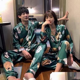 Womens Sleepwear Women And Men Pajamas Sets Couples Cartoon Pijama Femme Pyjamas Lovers Clothes Casual Home Wear Silk Satin Drop Deliv Dhtpq
