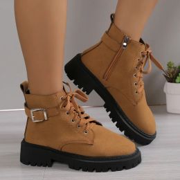 Boots Women's Winter Shoes Laceup Ankle Boots Women's Side Zipper Style Thick Sole Antisuede Motorcycle Boots Bota Feminina