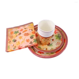 Disposable Dinnerware 44Pcs Party Paper Tableware Pattern Plates Cups Napkins Set Thanksgiving Harvest Festival Wedding