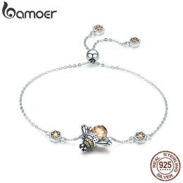 Chain BAMOER genuine 100% 925 sterling silver dance honey bee chain womens bracelet crystal large stone bracelet jewelry SCB043 Q240401