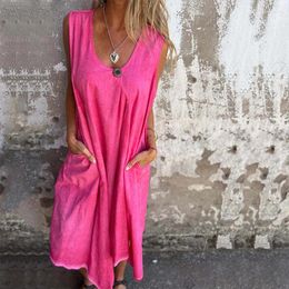 Casual Dresses Vestidos Female Solid Colour Boho Long Dress 2024 Spring U Neck Women Party Summer Sleeveless Pocket Tank Beach Mujer