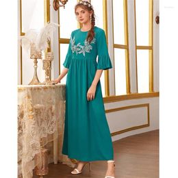 Ethnic Clothing Summer Women Flower Beaded Maxi Dress Muslim Abaya Dubai Kaftan Casual Pleated Abayas Marocain Caftan Eid Ramadan Jalabiya