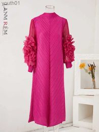 Basic Casual Dresses LANMREM Maxi Pleated Dress Round Neck Spliced Fungus Full Sleeve For Women 2024 New Spring Clothing 2Qa1331 yq240402