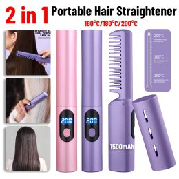 Irons 2 In 1 1500mAh Hair Straightener Hair Hot Comb Portable Mini USB Rechargeable Hair Straightener Fast Heating Hair Styling Tools