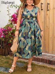 Plus Size Dresses Summer V-Neck Midi Dress Women Backless Modis Floral Print Ladies Loose Ruffle Pleated Woman Sleeveless