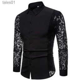 Men's Plus Tees Polos Mens Night Club Mesh See Through Dress Shirts Long Sleeve Button Down Sexy Lace Floral Shirt Men Harajuku Casual Chemise Homme yq240401