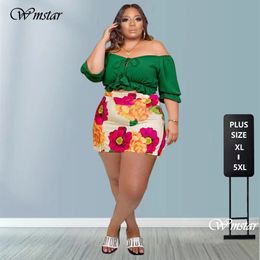 Wmstar Plus Size Women Clothing Mini Skirt Sets Summer Solid Top Print Sweet Matching Two Piece Outfits Wholesale Drop 240320