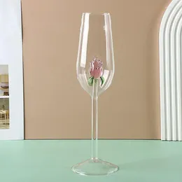 Wine Glasses 220ml Rose Flower Goblet Cocktail Cup Crystal Pink Build-in Coffee Milk Drink Mug