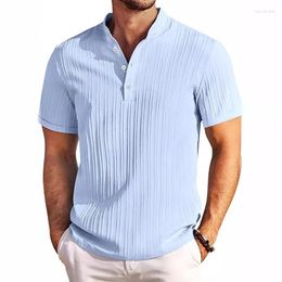 Men's Polos Casual Wear Mens Polo Shirt Stand Collar Button Short Sleeve Breathable Tops Summer Beach Leisure Striped Cotton Linen Male