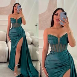Peacock green mermaid prom dress illusion bodice strapless formal evening dresses elegant thigh split satin dresses for special occasions party gowns