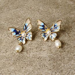 Stud Earrings Japanese And Korean Jewelry Painted Small Butterfly Tassel Pearl Net Celebrity Retro Female