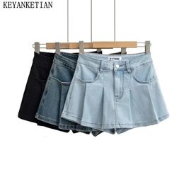 KEYANKETIAN Womens WidePleated Denim Skirt Vintage Sexy Zipper HighWaisted Solid Colour Short Female Y2K Shorts Cortos 240401