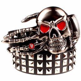 Belts Full metal rivet belt with hip-hop skull head ghost hand bone skeleton claw alloy buckle fashionable decorative belt Q240401