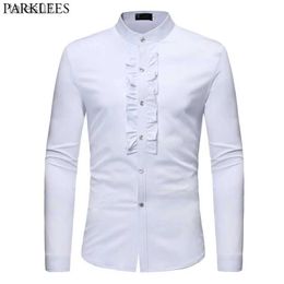 Men's Plus Tees Polos Mens Ruffle Tuxedo Dress Shirts 2018 Brand New Slim Fit Long Sleeve Stand Collar Shirt Men Prom Performing Wedding Chemise Homme yq240401