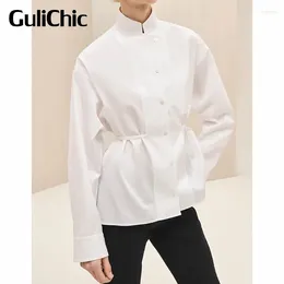 Women's Blouses 7.13 GuliChic Women Stand Collar Long Sleeve Lace-Up Design Cotton Comfortable Black White Shirt