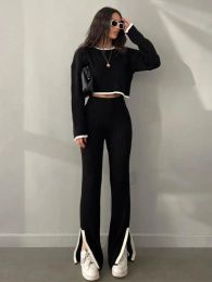 Mens Sweaters Casual Knit Two Piece Set Women Loose Panelled O-Neck High Waist Trouser Suits Female Spring Long Sleeve Ladies Suit Dro Dhwmu