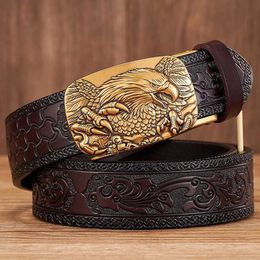 Belts 3.5CM Eagle automatic buckle embossed denim belt high-quality mens waste belt genuine leather gift denim business belt Q240401