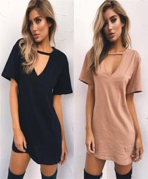 Mulheres Vestidos Curtos Senhoras Sexy Camiseta Saia Mulheres Mini Vestidos Gola V Profundo Manga Curta Camiseta Sólida Solta 65422199