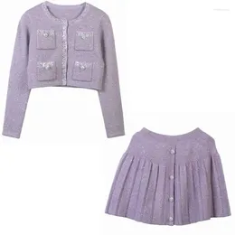Work Dresses Tops Fashion 2 Piece Knitted Set 2024 Autumn Winter Skirt Suit Ladies Lurex Yarn Knitting Cardigan Beaded Button Mini