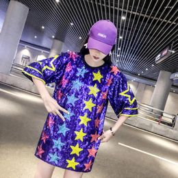 Women's T Shirts Fashion The Loose Sequin Short Sleeve Star T-shirt Round Collar Short-sleeved Hip-hop Logo Plus-size Dress