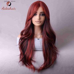 Synthetic Wigs Aideshair European and American fashion wine red mixed Colour long wave wig 26 inches full head wig Y240401