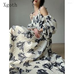 Casual Dresses Xgoth French Style Women Dress Retro Camisole Print Vacation Niche Summer 2024 A-line Long Skirts Female Trendy Clothes