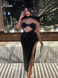 Casual Dresses Joskaa Elegant Hollow Out Wrap Chest Black Dress Women Sexy High Split Backless Bodycon Maxi 2024 Evening Party Clubwear