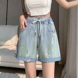 Women's Jeans 2024 Summer Short Diamond Irregular Rag Wide Leg A- Line Lace-up Korean-style High Waist Slimming Pants