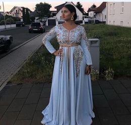 Sky Blue Moroccan Caftan Evening Dresses V Neck Crystal Algeria Arabic Muslim Special Occasion Dresses Party Gowns Guest Dress5752242