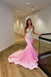 Prom New Pink Dresses Sexy Sheer Jewel Neck Mermaid Sequins Beads Crystals Long Backlessevening Gowns Vestidos De Bal for Black Girls BC18393 0401